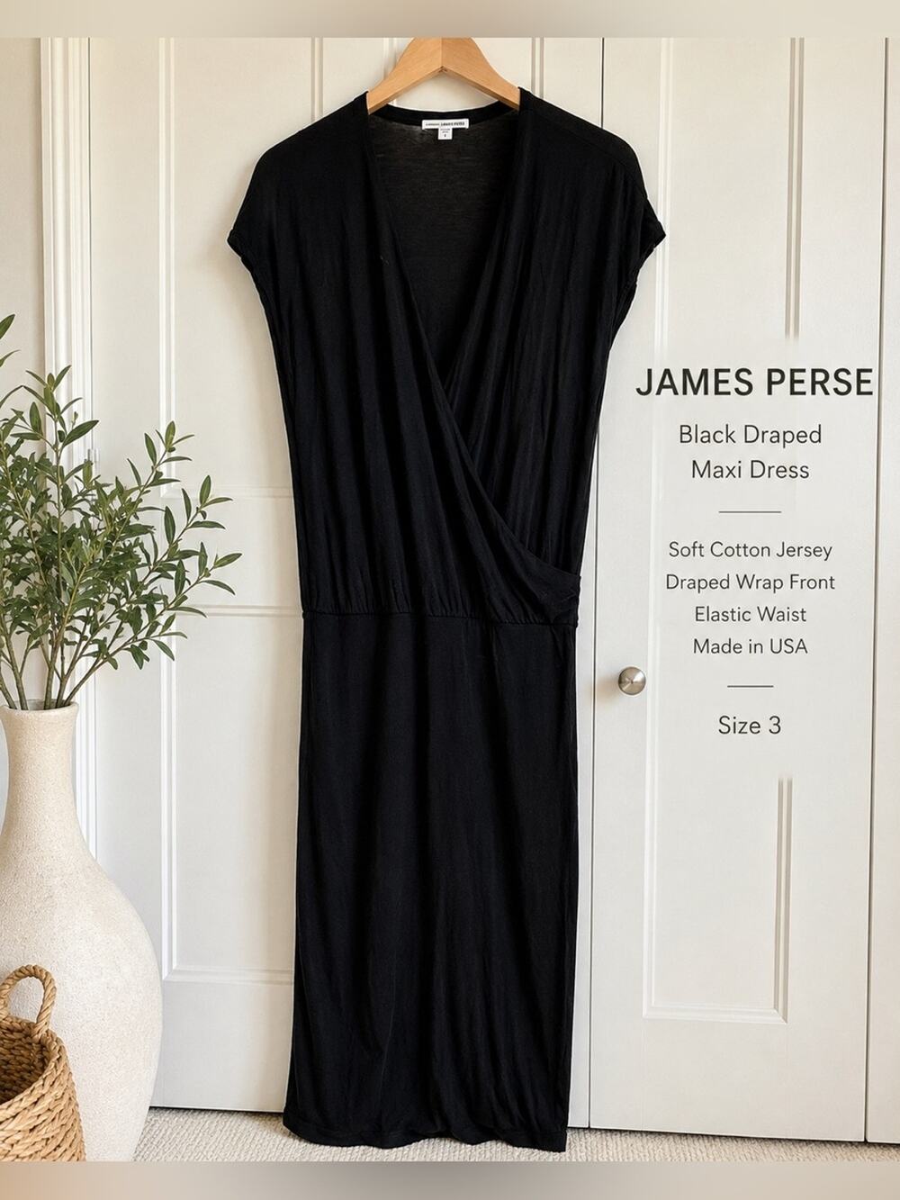 James Perse Black Draped Maxi Dress Women’s Size 3 USA Minimalist Jersey Dress